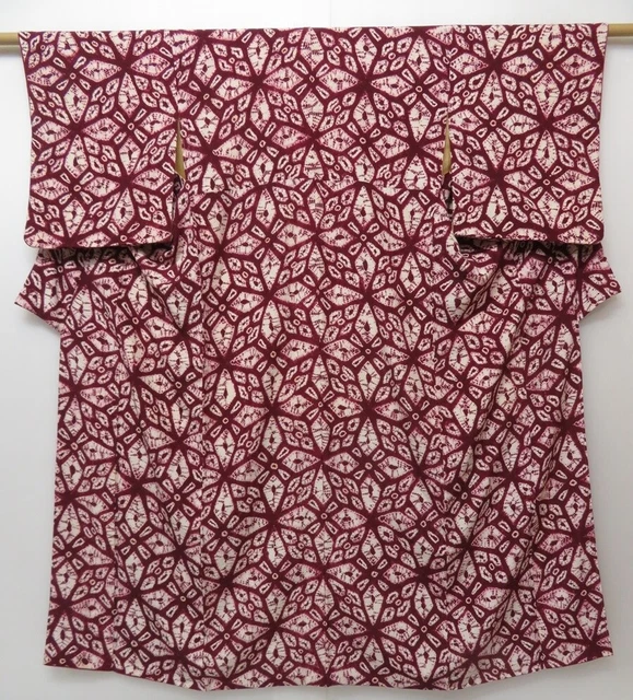 0910T10z860 Vintage Japanese Kimono Silk KOMON Burgundy Shibori dyeing