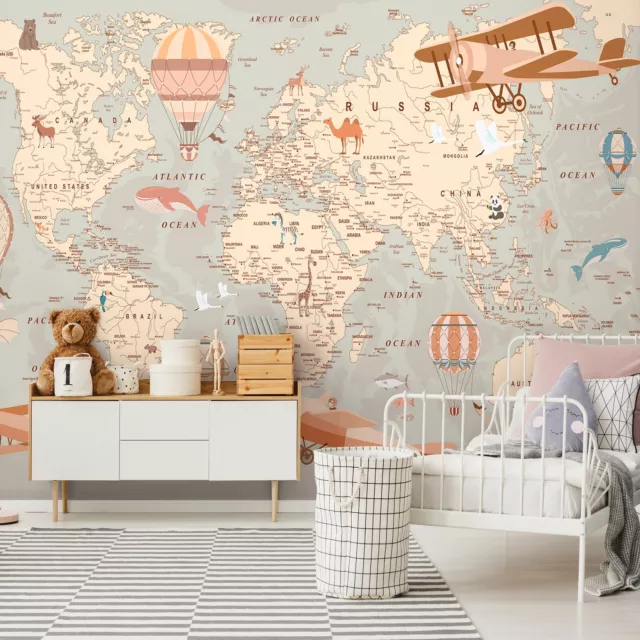 366x254cm Papel Pintado Mural Infantil Cuarto Del Bebé Aventura Mapa Aviones