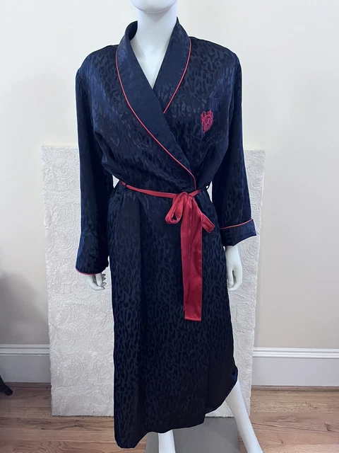 Bill Blass Vintage Monogram Old Money Mansion Lounge Robe Navy Satin Bath Large