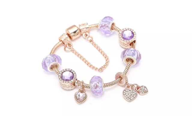 18K Rose Gold Plated Pink Crystal Heart Charm Bracelet Made With Swarovski 2