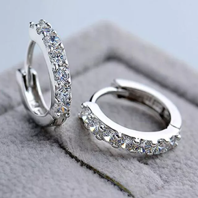 Beautiful 925 Sterling Silver Plated Round Crystal Hinged Huggie Hoop Earrings