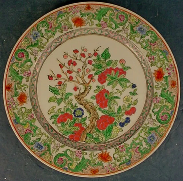 Vintage Chinese Famille Verte Porcelain ‘Prunus & Peony’ Dinner Plate