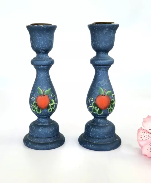 Vintage - Pair - Wooden Hand-Painted Candlestick Holder - Beautiful Shape