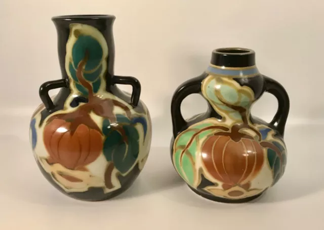 PAIR Art Deco/Nouveau Japanese Gouda Style Pottery Vases Matching Pattern 2