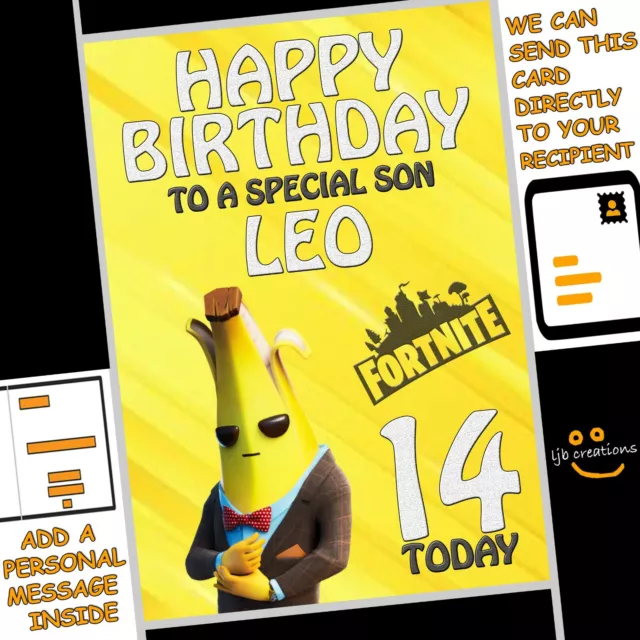 Personalised AGENT PEELY Birthday Card FORTNITE Banana Skin NAME AGE RELATION