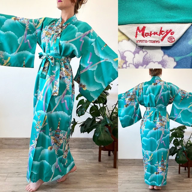 Vtg Marukyo Japanese Long Teal Kimono Robe + Belt Floral Pagoda Architecture Os