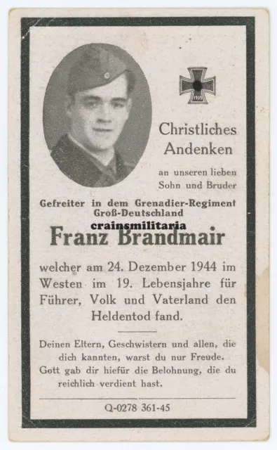 Orig. Sterbebild Grenadier-Regiment GD + Ardennen Belgien 1944 Lommel