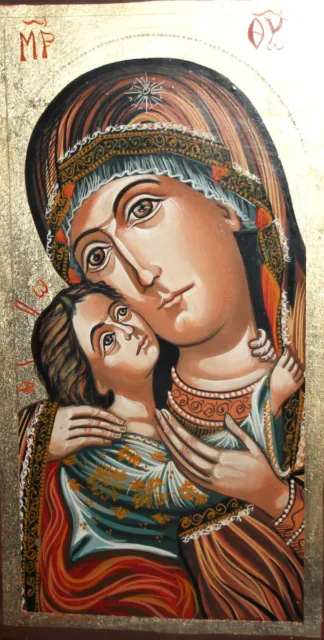 Virgen María Y Cristo Niño Ortodoxo Pintado A Mano Icono Temple