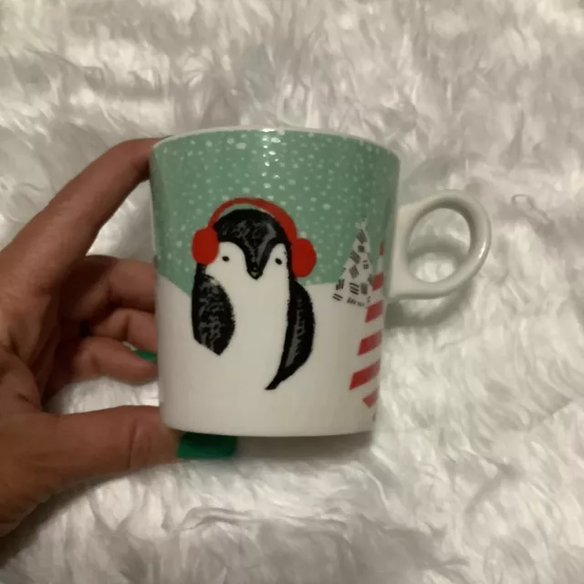 Starbucks 2016 Holiday Penguin Ear Muffs Christmas Trees Coffee Mug Cup 10 Oz