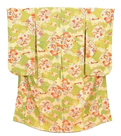 Japanese Kimono Vintage  Silk Antique Girl Green Flower kimonomtfuji 3mt0299