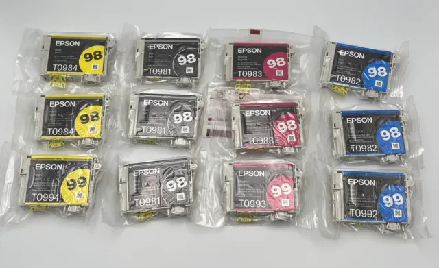 (12) Epson 98 And 99 Ink Cartridges - 3 Each Yellow Black Magenta Cyan - No Box