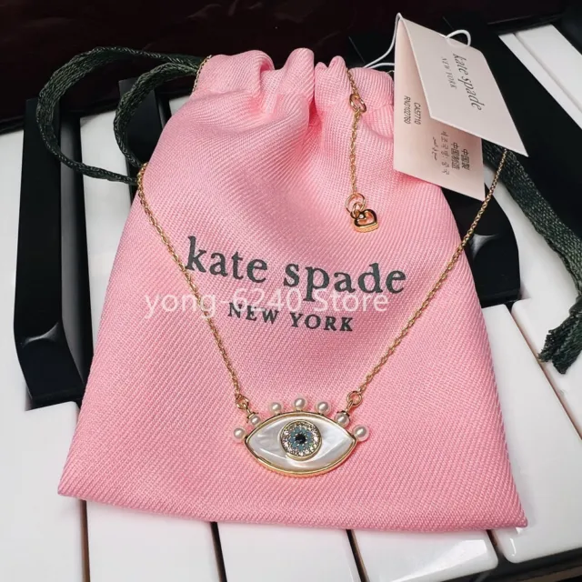 Kate ks Spade Blue Crystal Pearl Evil Eye Pendant Necklace Gold Tone w/ Dust Bag