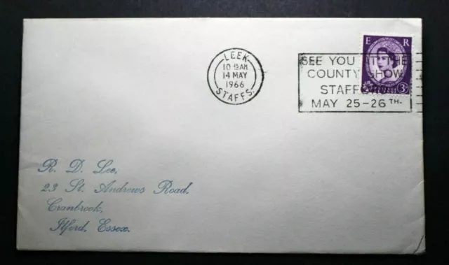 'see you at County Show Stafford May ' Leek, Staffs. 1966 Slogan postmark cover