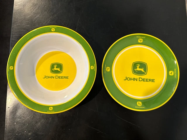 John Deere Plate & Bowl Set - Kitchen Breakfast Green / Yellow / White Melamine