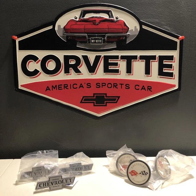 Chevy Corvette Metal Sign & 3 Corvette cab.Knobs 3 Chevy cabinet Handles ALL NEW