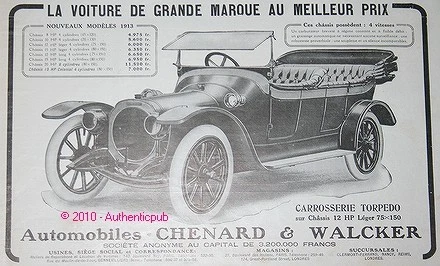 Publicite ancienne CHENARD WALCKER 1913 CHASSIS 12HP TORPEDO  french ad pub