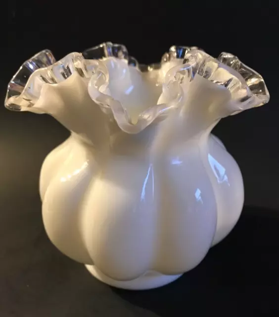 Vintege ~ Fenton ~ White Silver Crest Milk Glass Ruffled Rim Rose Bowl Vase