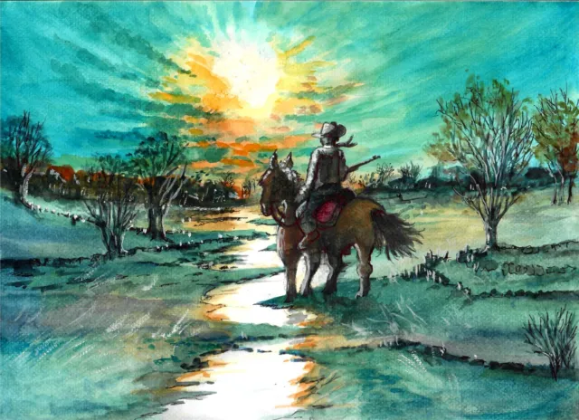 ORIGINAL - Cowboy Watching A Sunset, Cowboy Art Print, Sunset Art Print, Cowboys