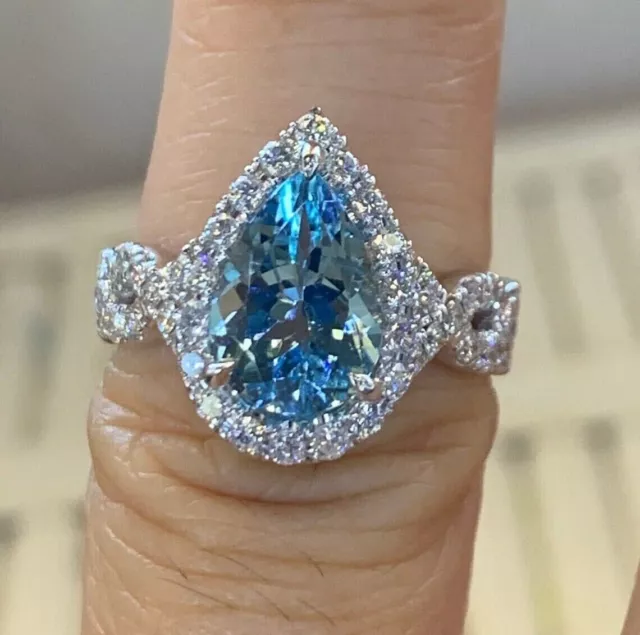 3Ct Pear Cut Lab Created Aquamarine Halo Anniversary Ring 14K White Gold Plated