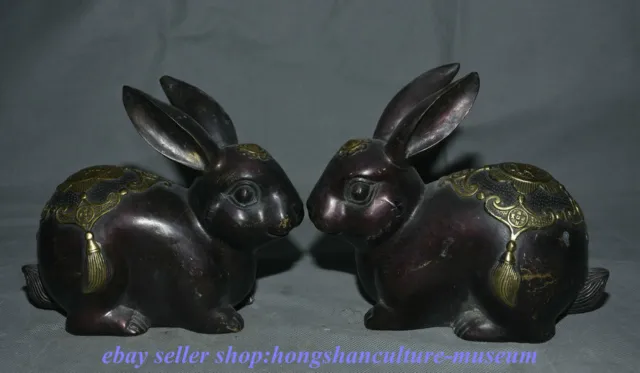 7.6 " China Bronze Gilt Fengshui 12 Zodiac Year Animal Rabbit Wealth Statue Pair