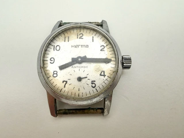 Montre Herma Anguenot Mixte Vintage - Boîtier Doré 34 Mm, Bracelet Neuf Noir, Fonctionne (pile Incluse)