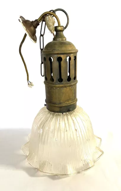 Vintage/Antique ceiling light, heavy brass unit with chunky glass shade. Used.