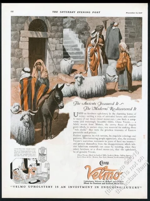 1927 Angora goat & donkey Chase Velmo mohair velvet upholstery vintage print ad