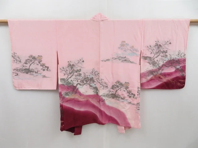 3012T15z530 Vintage Japanese Kimono Silk HAORI Tree Pink