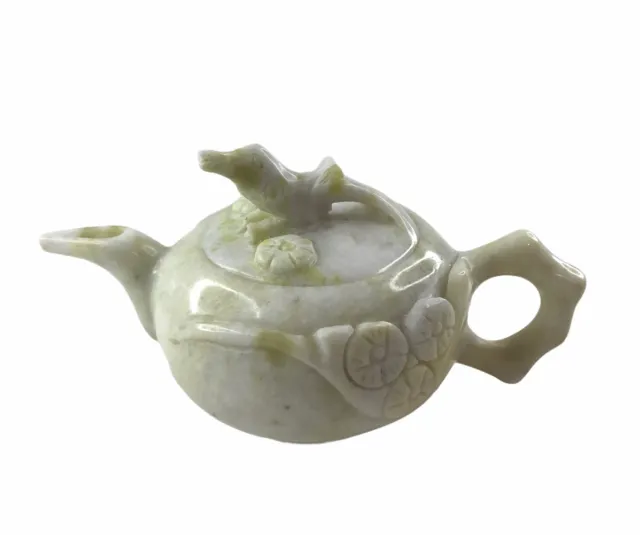 Asian Jade Bird And Flower Small Teapot