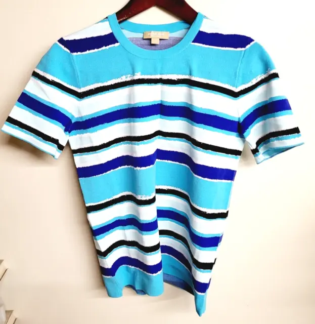 Michael Kors Collection Women's Stretch Striped Crew Neck T Shirt Turquoise Sz S