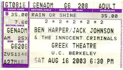 Ben Harper & Jack Johnson Ticket Stub August 16 2003 Berkeley California
