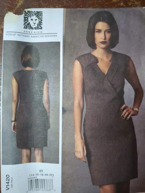 Vogue Pattern V1420 Sz 14 16 18 20 22 Anne Klein Mock Wrap Dress Sleeve Uncut