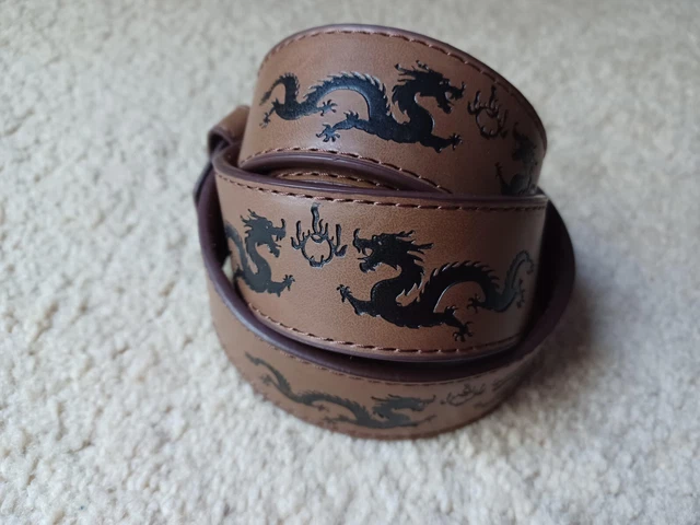 Genuine leather belt, brown, with tooled dragons, solid metal buckle, to 42"