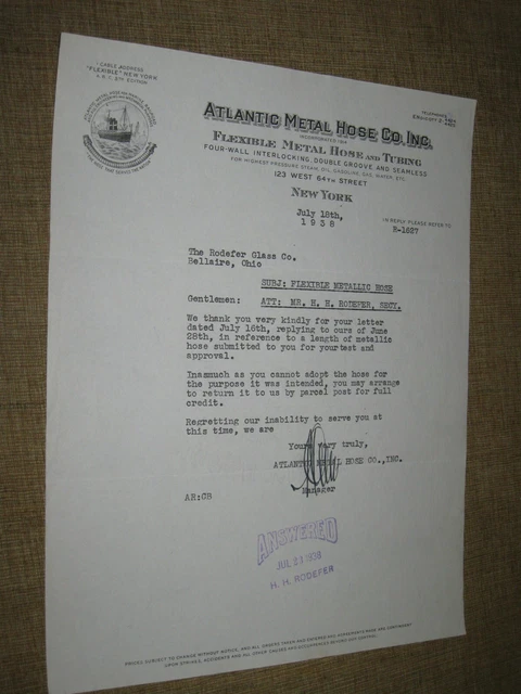 ATLANTIC METAL HOSE COMPANY Letterhead Letter Flexible 1938 New York City NY 79