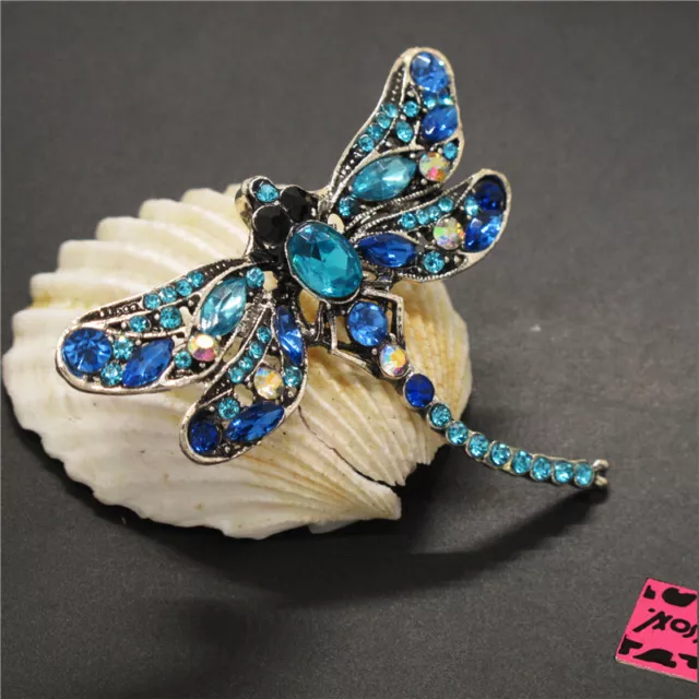 New Fashion Women Blue Bling Cute Dragonfly Crystal Charm Brooch Pin Gifts