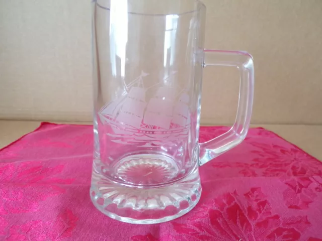 Vintage "3 Mast sailing ship" heavy Glass Tankard