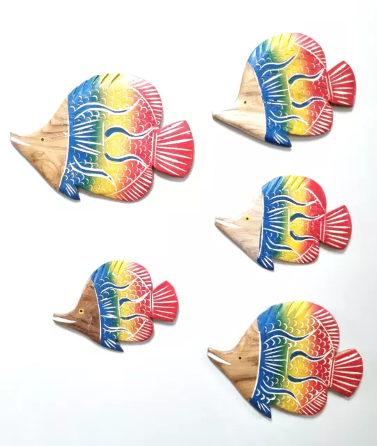 Set 5 x Wood Tropical Fish Wall Plaque Art Sign Teak Wood Hand Painted Rainbow