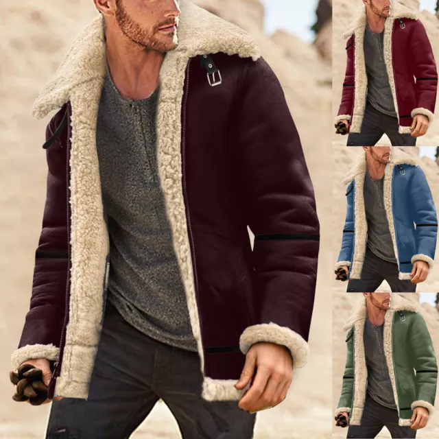 Men Lapel Bomber Jacket Sheepskin Shearling Leather Jacket Winter Fur Jacket