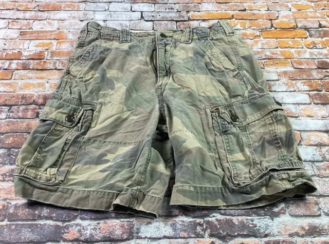 Hollister Cargo Shorts Adult 33 Green Camo Distressed Outdoor Casual Mens