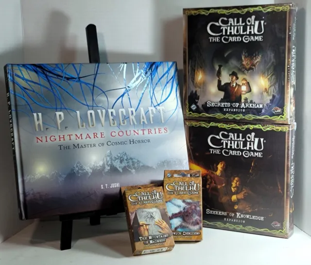 CALL OF CTHULHU CARD GAME LOVECRAFT LOT: 2 Expansion Sets, 2 Asylum Packs + Book