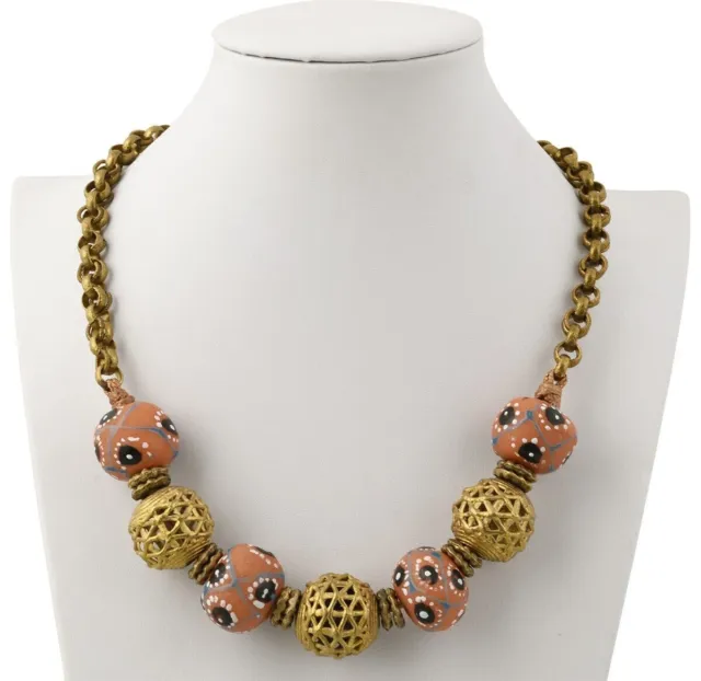 Handmade necklace brass recycled glass beads Krobo Ghana Ashanti African jewelry 3