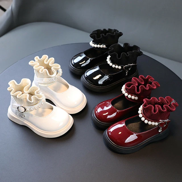 Girls Round Toe Leather Shoes Toddler Kids Princess Shoes Pearl Dance Party Boot
