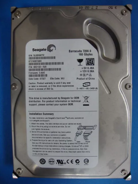 Seagate 160GB SATA Hard Drive ST3160812AS, 5LS, WU, PN 9BD132-520, FW 3.AAE