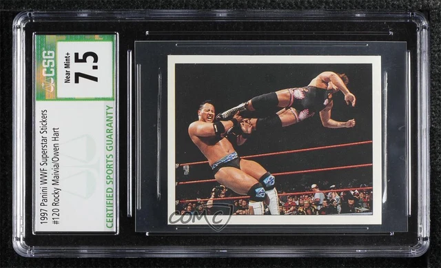 1997 WWF Superstars Album Stickers The Rock Rocky Maivia Owen Hart #120 CSG 7.5