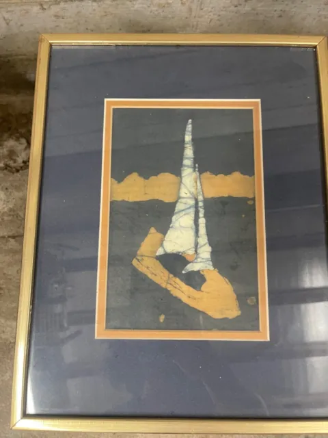 Original framed Batik Fabric Studio Art Framed with glass sailboat on water