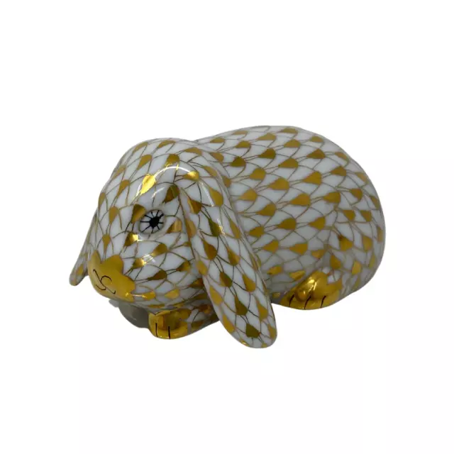 Herend Hungary Lop Ear Bunny Rabbit Hare 24k Gold Fishnet Porcelain Figurine
