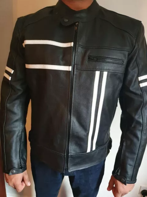 Mens Cafe Racer Biker Leather Jacket Black Cowhide Retro Motorcycle Style Jacket