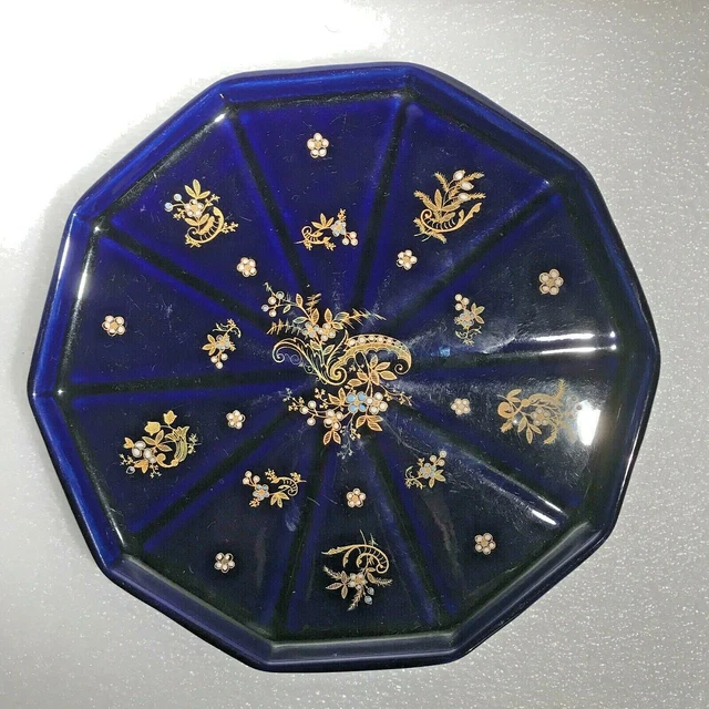 plateau plat ancien couleur bleu de Sèvres émaillé décor floral