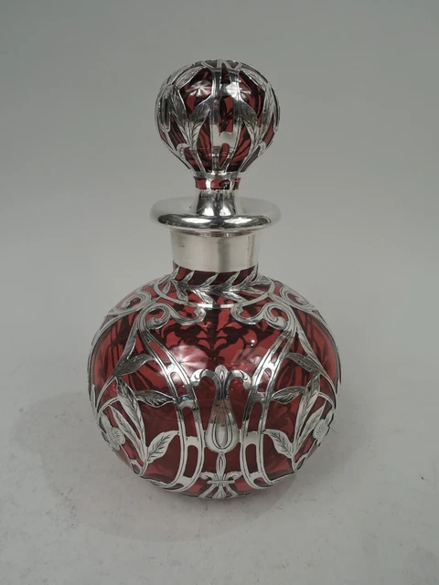 Gorham Colonia D947 Arte Nouveau Profumo Bottiglia Americana Rosso Vetro Argento