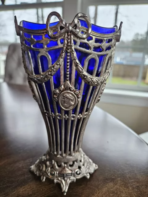 Beautiful Vintage Godinger Silver Art Co Ornate 7" Vase Glass Cobalt Blue Insert